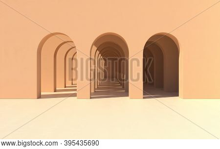 3d Rendering. Arch Hallway Simple Geometric Background, Architectural Corridor, Portal, Arch Columns