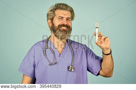 Prescription Medicine. Mature Doctor Use Syringe. Happy Nurse Make Injection. Health Worker Dials Va