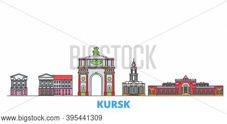 Russia, Kursk Line Cityscape, Flat Vector. Travel City Landmark, Oultine Illustration, Line World Ic
