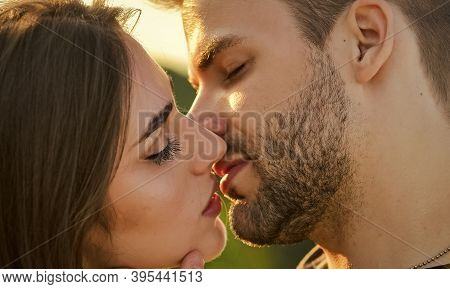 Seduction And Foreplay. Sensual Kiss. Kiss Close Up. Touch Of Lips. Voluptuous Concept. Tempting Kis