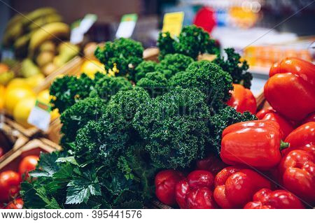 Wooden Crates Full Of Fresh Colorful Vegetables And Fruit.