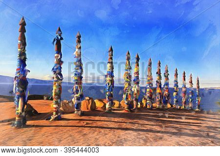 Totem Poles On Baikal Lake Shore Colorful Painting Looks Like Picture, Russia.