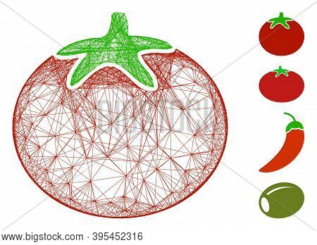 Vector Wire Frame Tomato Vegetable. Geometric Hatched Frame Flat Network Generated With Tomato Veget