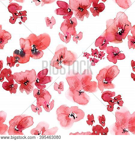Watercolor And Ink Illustration Of Blossom Sakura Tree With Flowers And Buds. Oriental Traditional P