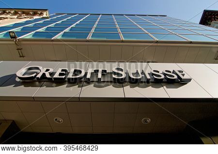 Lugano, Switzerland - 11th November 2020 : Credit Suisse Bank Sign Hanging In Front Of The Building 