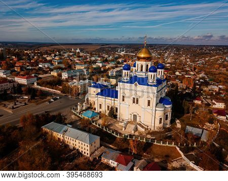 Aerial View From Drone Of Ascension Cathedral In Autumn Yelets, Lipetsk Region, Russia