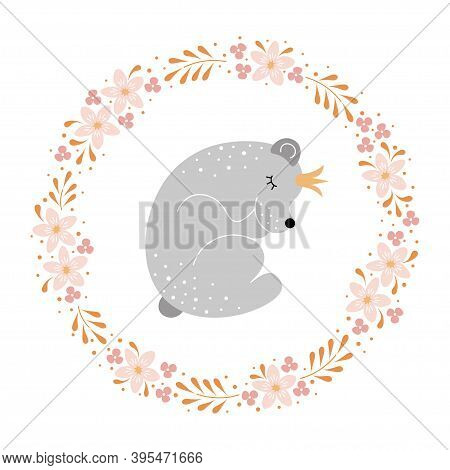 Cute Bear Cub Sleeping In Flowers Frame. Childish Vector Cartoon Illustration. Pastel Tender Colors.