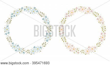 Vector Floral Frames Set In Two Color Decisions.  Flower Decoration, Circle Round Frame, Spring, Pla