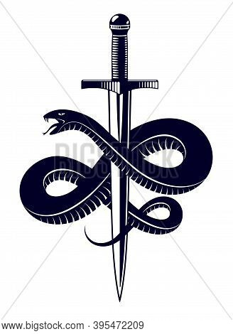 Snake And Dagger, Serpent Wraps Around A Sword Vector Vintage Tattoo, Roman God Mercury, Luck And Tr