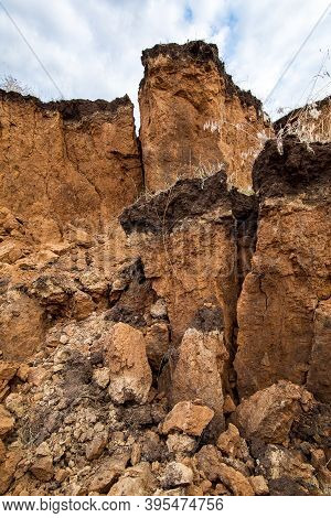 Soil Landslide On Slopes After Degradation Of The Soil Rain Or Underground Water And An Earthquake, 