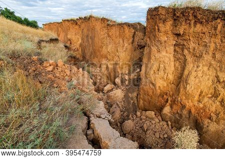 Soil Landslide On Slopes After Degradation Of The Soil Rain Or Underground Water And An Earthquake, 