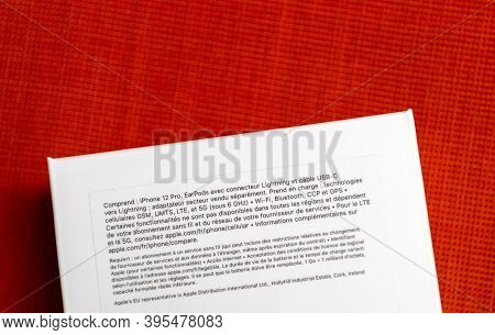Paris, France - Nov 11, 2020: Package Information Of New Iphone 12 Pro Max 5g Smartphone Model By Ap