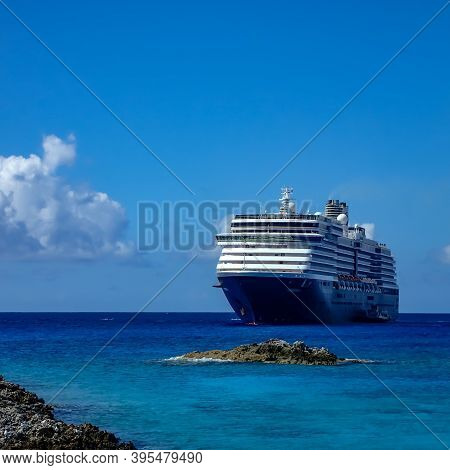 Half Moon Cay, Bahamas - October 31, 2019: The Holland America Line Zuiderdam Cruise Ship Anchored O