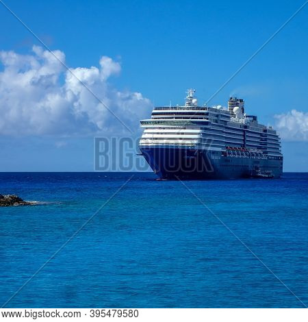 Half Moon Cay, Bahamas - October 31, 2019: The Holland America Line Zuiderdam Cruise Ship Anchored O