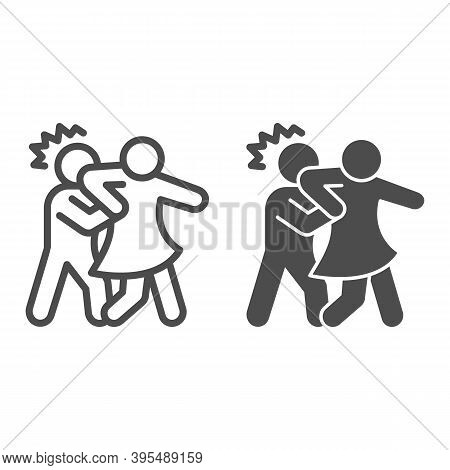 Woman Defending Herself From Bandit Line And Solid Icon, Self Defense Concept, Girl Beats Man In Hea