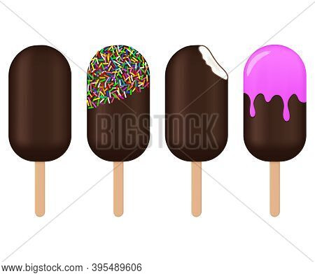 Vector Set Of Chocolate Bar Popsicle On Stick, Whole, Bitten With Vanilla Filling, With Sprinkles An