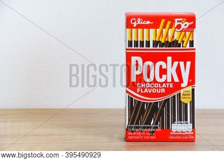 Phuket, Thailand -  November 12, 2020 : Packaging Box Of Glico Brand Pocky Biscuit Sticks Chocolate 
