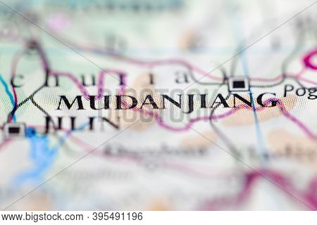 Shallow Depth Of Field Focus On Geographical Map Location Of Mudanjiang China Asia Continent On Atla