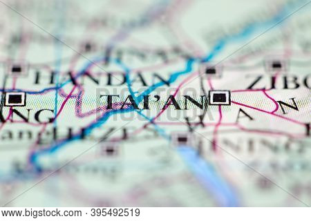 Shallow Depth Of Field Focus On Geographical Map Location Of Taian China Asia Continent On Atlas