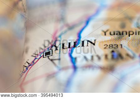 Shallow Depth Of Field Focus On Geographical Map Location Of Yulin City China Asia Continent On Atla