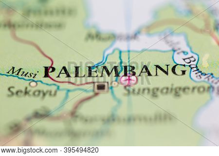 Shallow Depth Of Field Focus On Geographical Map Location Of Palembang City Indonesia Asia Continent