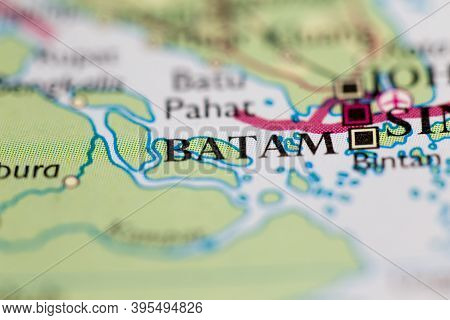 Shallow Depth Of Field Focus On Geographical Map Location Of Batam City Indonesia Asia Continent On 