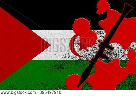 Western Sahara Flag And Black Rpg-7 Rocket-propelled Grenade Launcher In Red Blood. Concept For Terr