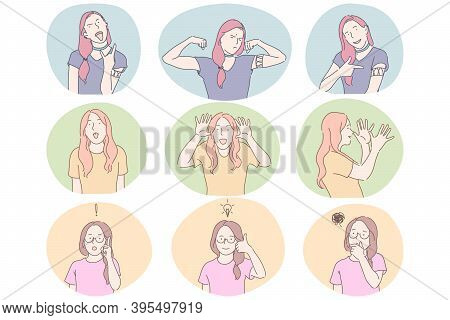 Sign Language, Gestures, Hands And Facial Expression Communication Concept. Young Girls Cartoon Char