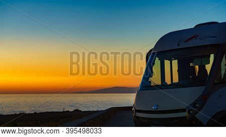 Los Banos De Guardias Viejas, Almeria, Spain - January 15, 2020: Caravan Carthago Brand On Coast At 