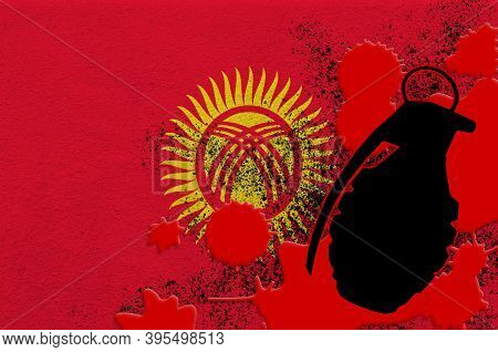 Kyrgyzstan Flag And Mk2 Frag Grenade In Red Blood. Concept For Terror Attack Or Military Operations 