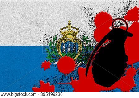 San Marino Flag And Mk2 Frag Grenade In Red Blood. Concept For Terror Attack Or Military Operations 
