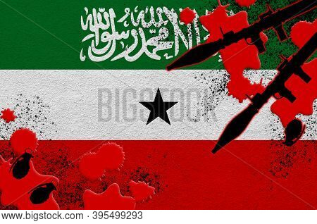 Somaliland Flag And Rocket Launchers With Grenades In Blood. Concept For Terror Attack And Military 