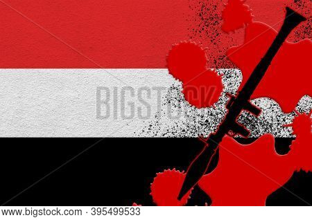 Yemen Flag And Black Rpg-7 Rocket-propelled Grenade Launcher In Red Blood. Concept For Terror Attack