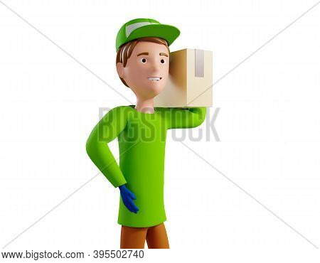 3D Rendering. A Man In Uniform From A Delivery Service With A Box In His Hands.