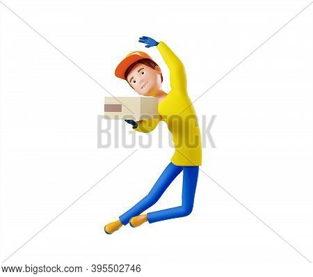 3D Rendering. A Man In Uniform From A Delivery Service With A Box In His Hands.