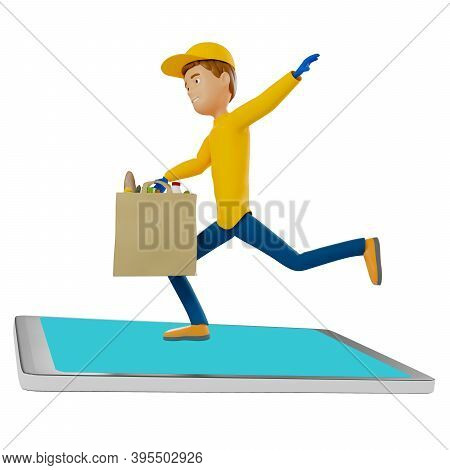 3D Rendering. A Man In Uniform From A Delivery Service With A Box In His Hands.