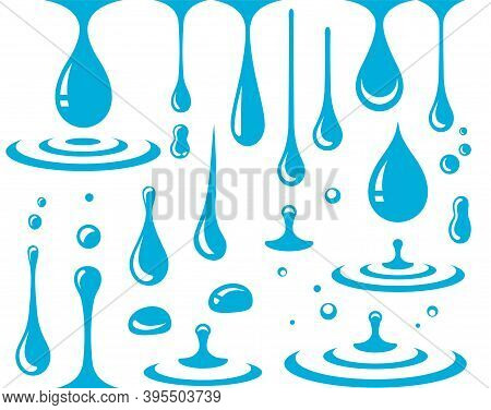 Falling Blue Drops And Splash Set Icons