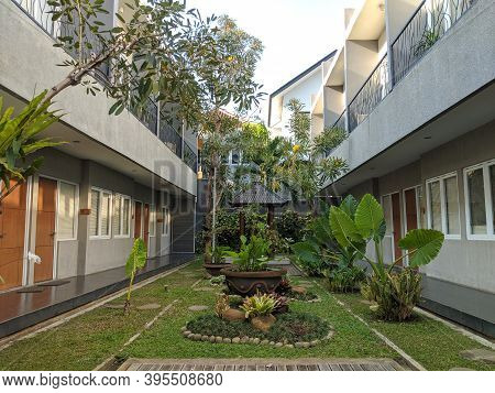 Denpasar, Indonesia - October 5, 2019: Background Of Two Story Building Of Seruni Guest House.