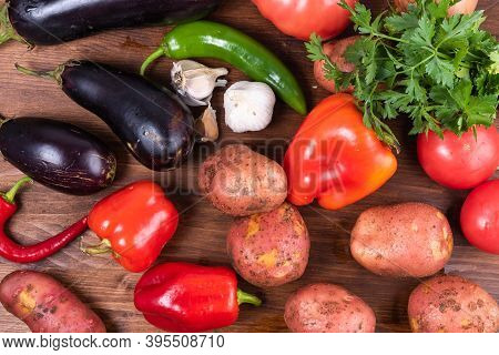 Ingredients For An Italian Vegetable Stew With Potatoes, Eggplant And Pepper - Cianfotta, Ciambotta 