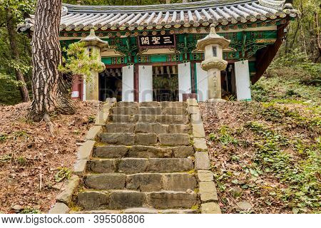 Cheongyang-gun, South Korea; October 2, 2020: Prayer Hall On Hillside With Forest In Background At J