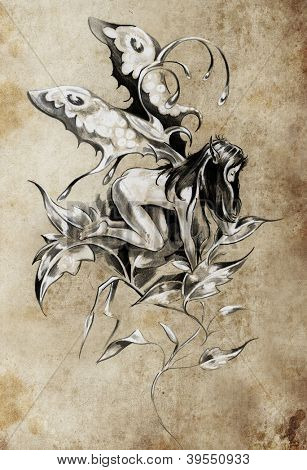 Schizzo di fata, tattoo art, illustrazione fantasy, con texture di sfondo