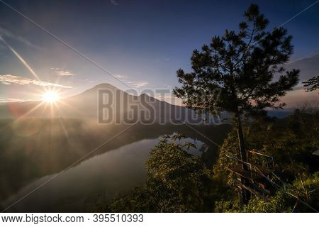 The Beauty Of Menjer Lake Against The Background Of Mount Sindoro. Wonosobo Tourist Destination, Cen