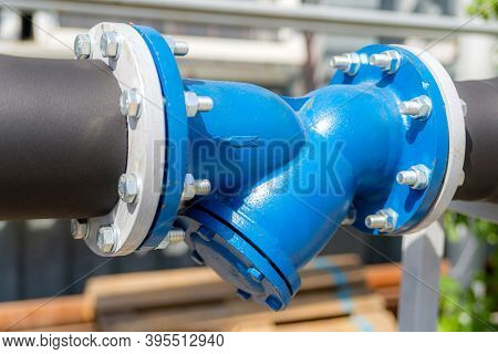 Industrial Water Pipe With Filter Sump. Coarse Filters By The Flanges.