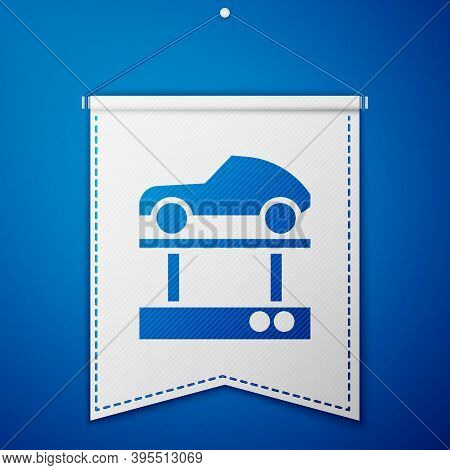 Blue Repair Car On A Lift Icon Isolated On Blue Background. Repair Of The Underbody, Suspension, Whe