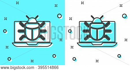 Black Line System Bug On Monitor Icon Isolated On Green And White Background. Code Bug Concept. Bug 