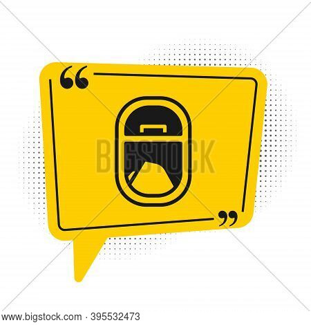 Black Airplane Window Icon Isolated On White Background. Aircraft Porthole. Yellow Speech Bubble Sym