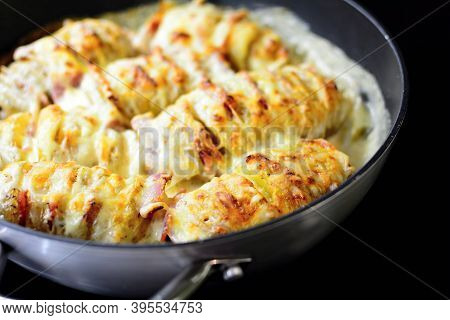 Baked Crispy Croque Monsieur Hasselback Potatoes Stuffed With Bacon, Cheese, Covered With Bechamel S