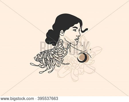 Hand Drawn Vector Abstract Stock Flat Graphic Illustration With Logo Elements , Female With Flowers 