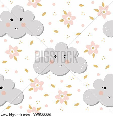 Baby Grey And Pink Cloud Seamless Pattern. Children Vector Illustration. Digital Paper For Kids. Flo
