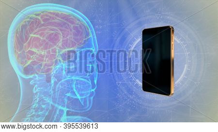 Industrial 3d Illustration - Rontgen Human Head Image With Smartphone, Brain Harm By Lte Network Con